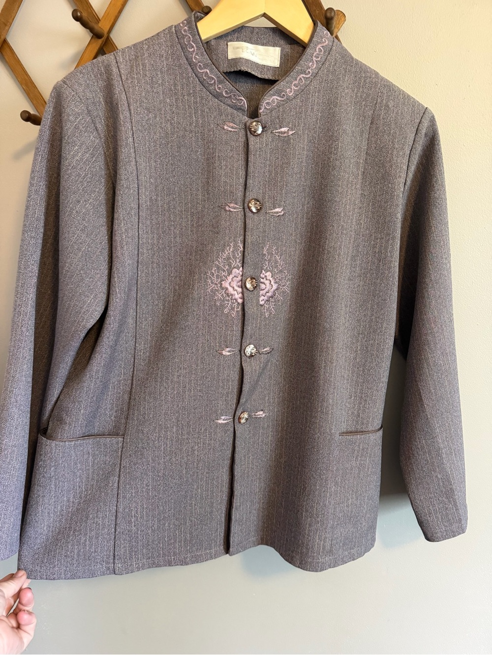 TM Fashionable Vintage Grey Pinstripe Embroidered Mandarin Collar Jacket Medium